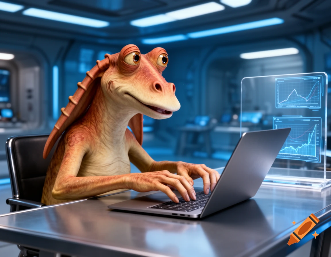 Jar Jar Binks from Star Wars sits at a futuristic desk, typing on a laptop with holographic charts floating beside him.