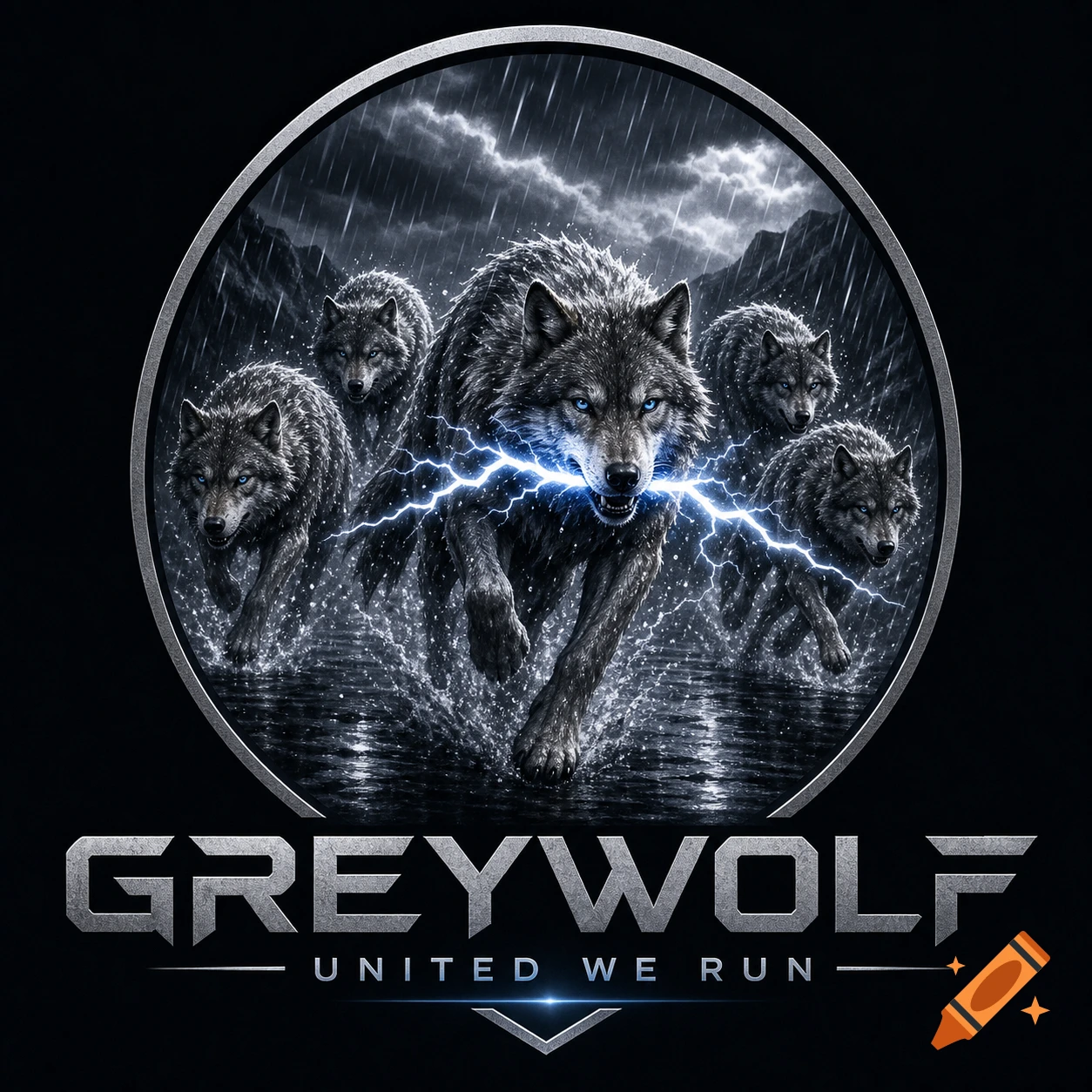 Logo of five grey wolves running in rain with blue lightning, inside a silver circle. Text reads GREYWOLF UNITED WE RUN.