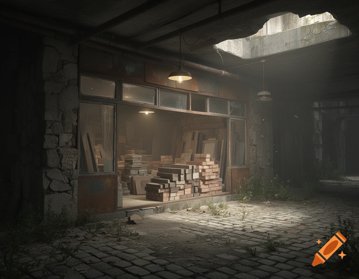 A dimly lit, ruined shop in an underground city, displaying stacks of bricks and wood through its window. The cobblestone ground is overgrown with weeds.