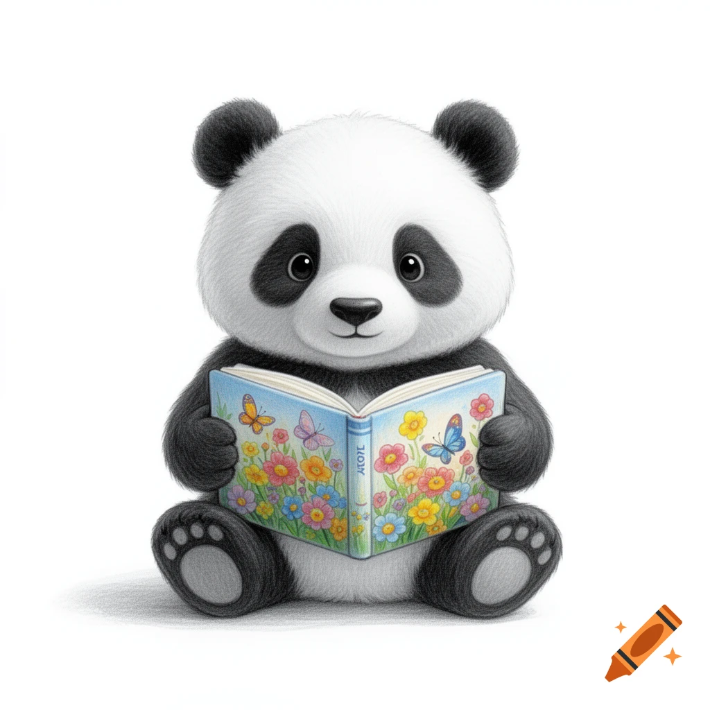 A cute, fluffy panda sitting and reading a children's book with colorful flowers and butterflies, on a white background.