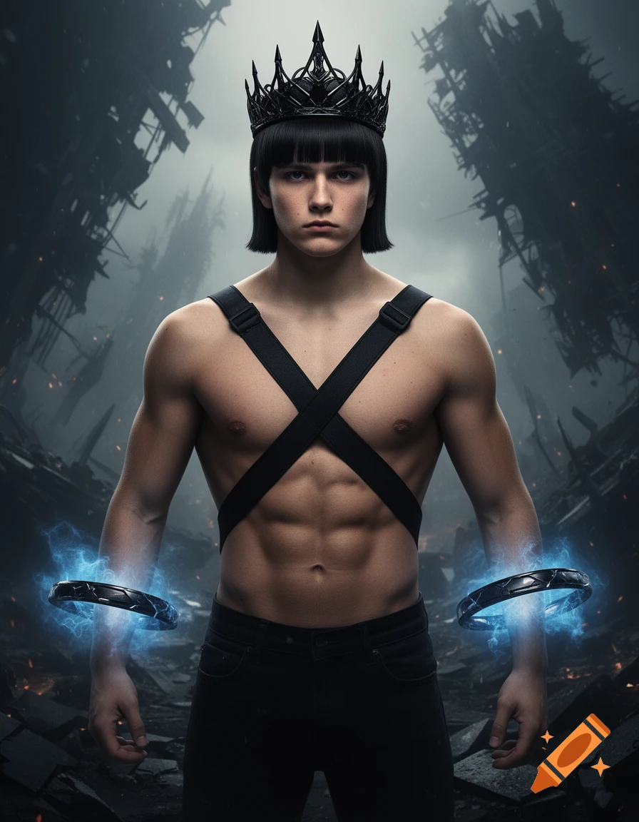 Photorealistic cinematic portrait of a shirtless male superhero with a black crown and blue energy rings, standing in a shattered dimension.