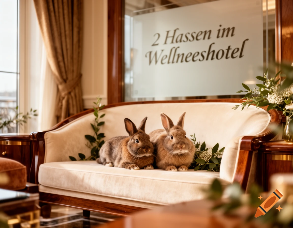 Two brown rabbits sit on a plush sofa in a luxurious hotel lobby, with text visible on a glass partition in the background.