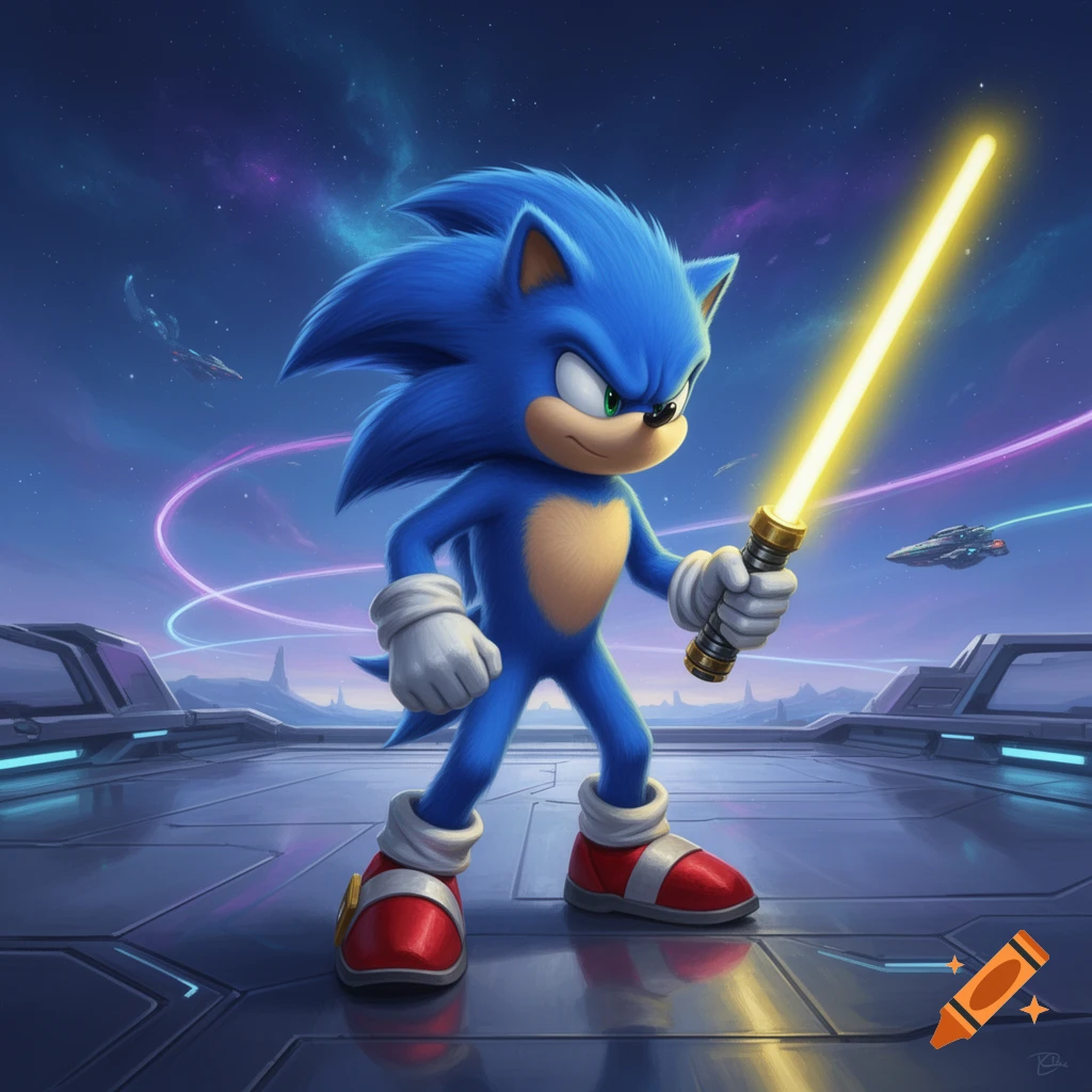 Sonic the Hedgehog wields a yellow lightsaber on a futuristic platform under a starry, cosmic sky with spaceships.