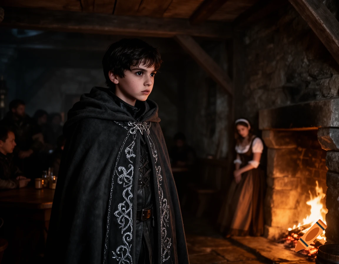 A young boy in a dark, embroidered cloak looks intently in a dim medieval tavern with a burning fireplace.