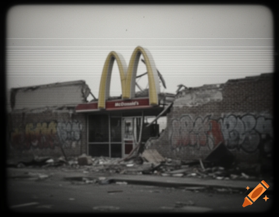 A destroyed McDonald's restaurant with broken walls, graffiti, and a collapsed roof, framed with horizontal static lines and a vintage film look.