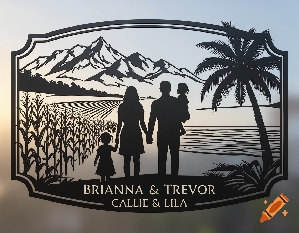 A black waterjet-cut metal sign featuring a family silhouette against a blended landscape with mountains, cornfields, and a palm tree by the ocean, with names 'Brianna & Trevor' and 'Callie & Lila' below.