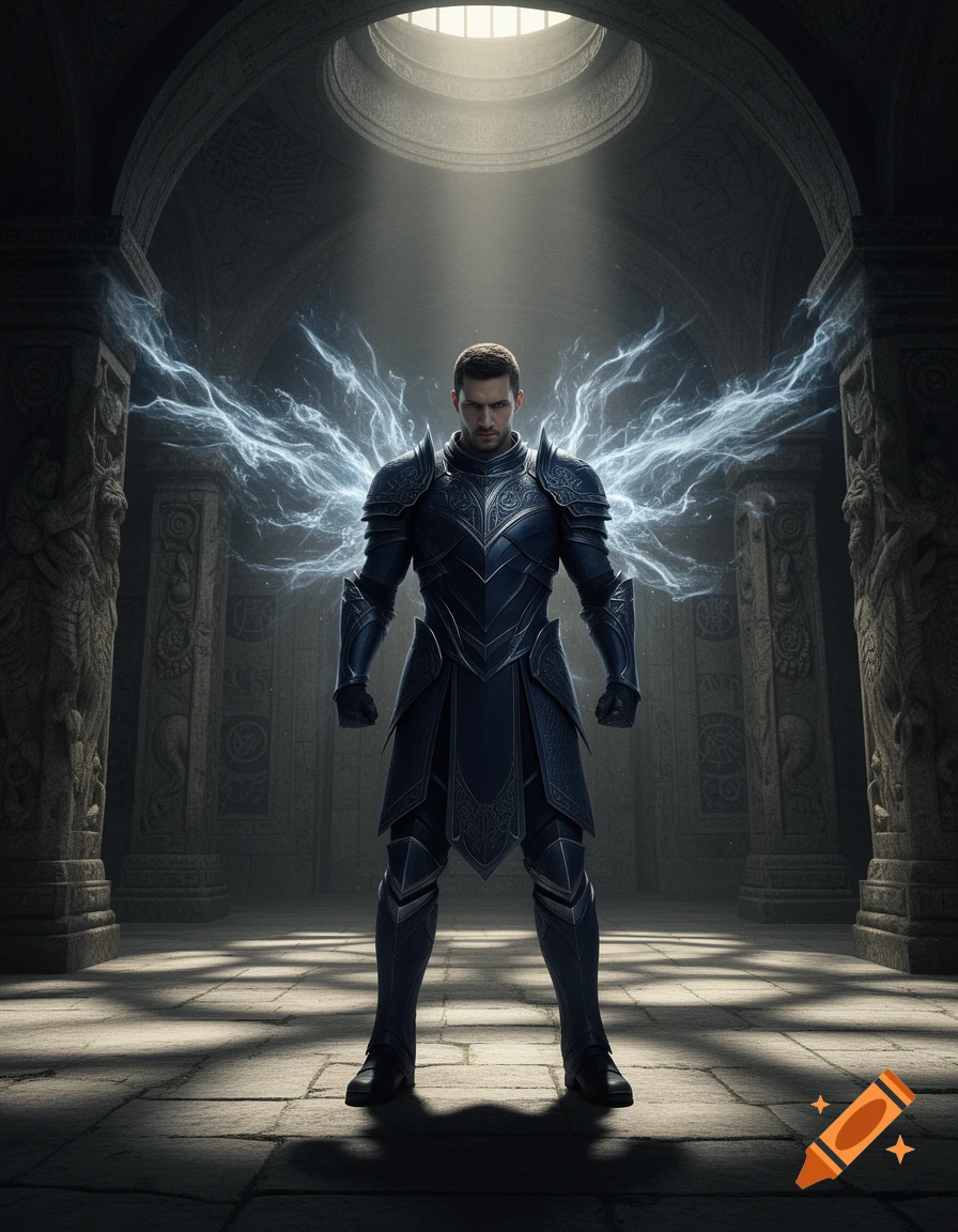 A powerful warrior in dark blue armor with glowing energy wings stands in a grand stone hall illuminated by a skylight.