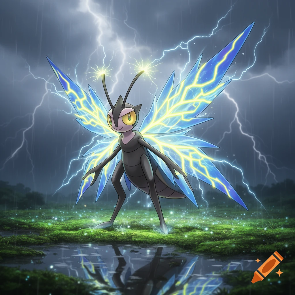 An electric bug-like Pokemon with glowing blue lightning wings stands in a mossy field during a thunderstorm in anime style.