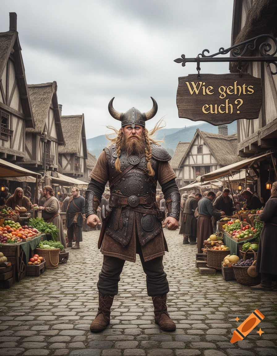 A photorealistic image of a Viking warrior with a horned helmet and braided beard, standing in a bustling medieval market street under a cloudy sky. A sign above reads "Wie gehts euch?".