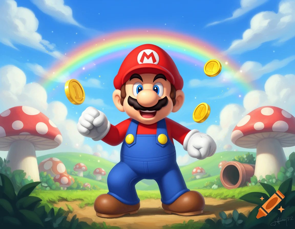 Mario stands in a vibrant, cartoon landscape with a rainbow, floating coins, and red mushrooms.