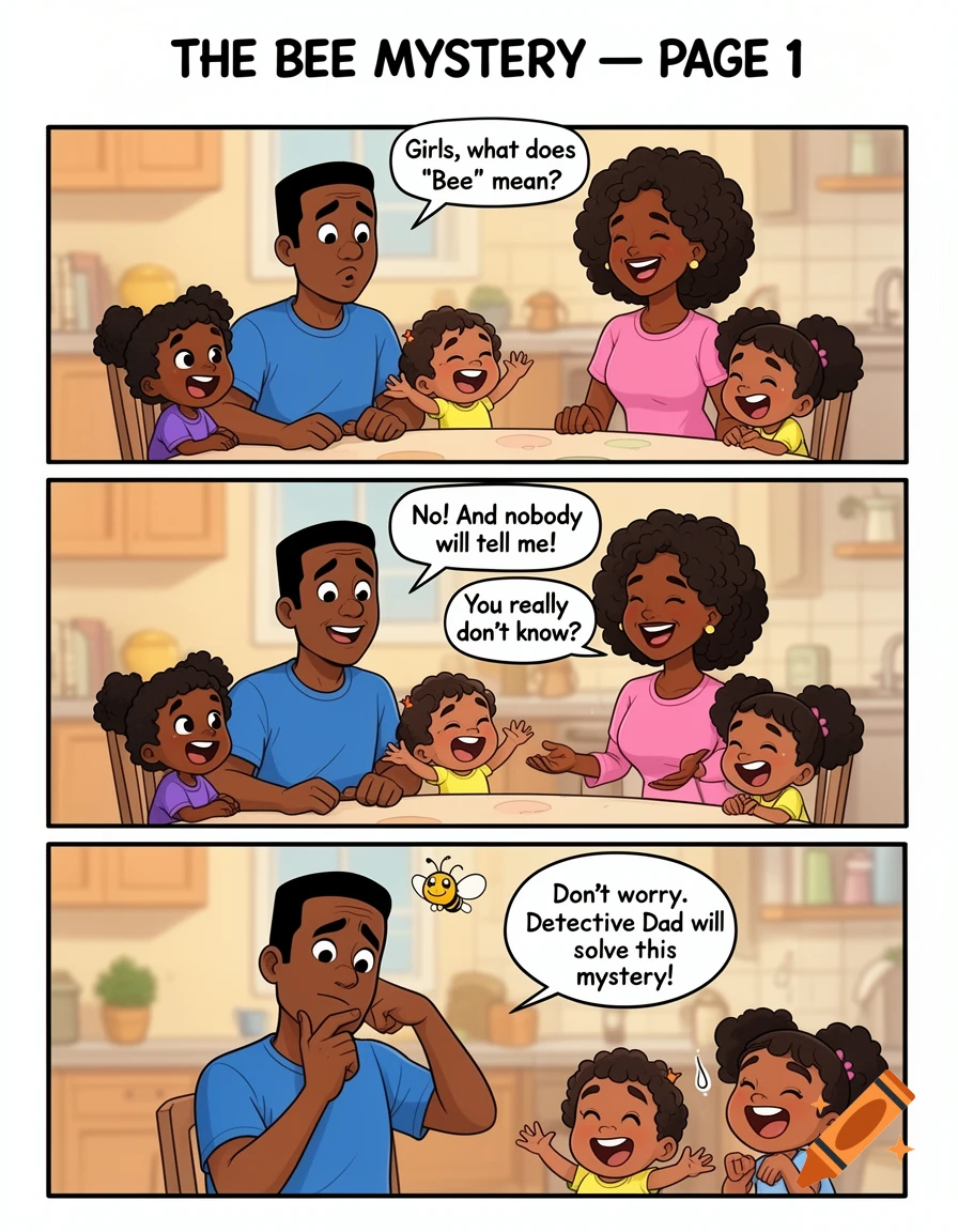 A three-panel cartoon comic page titled 'The Bee Mystery - Page 1,' showing a Black family in a kitchen.