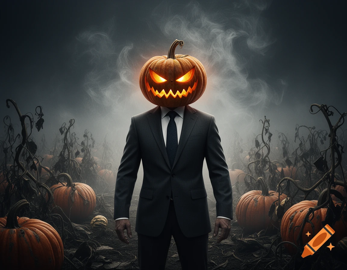 Photorealistic image of a man with a glowing jack-o'-lantern head, wearing a suit and tie, standing in a gloomy, fog-filled pumpkin patch.