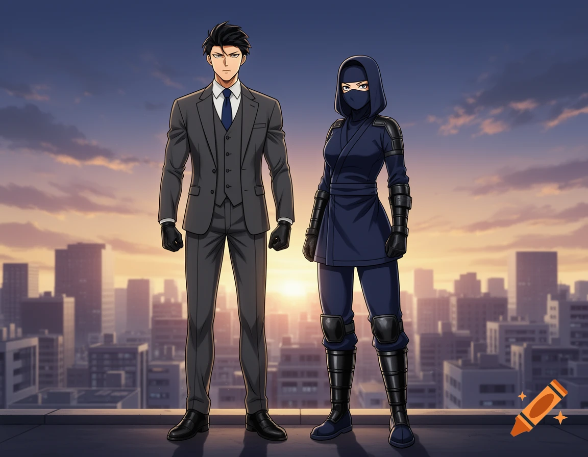 Anime characters, a man in a suit and a ninja woman, stand on a rooftop overlooking a city at sunset.