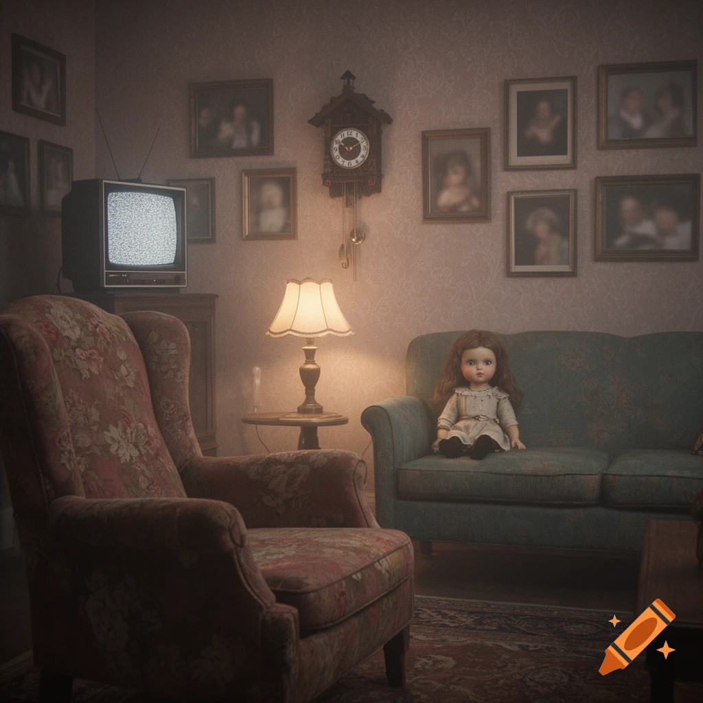 A creepy, dreamcore image of a doll sitting on a blue sofa in a vintage living room with an old TV, lamp, and floral armchair.