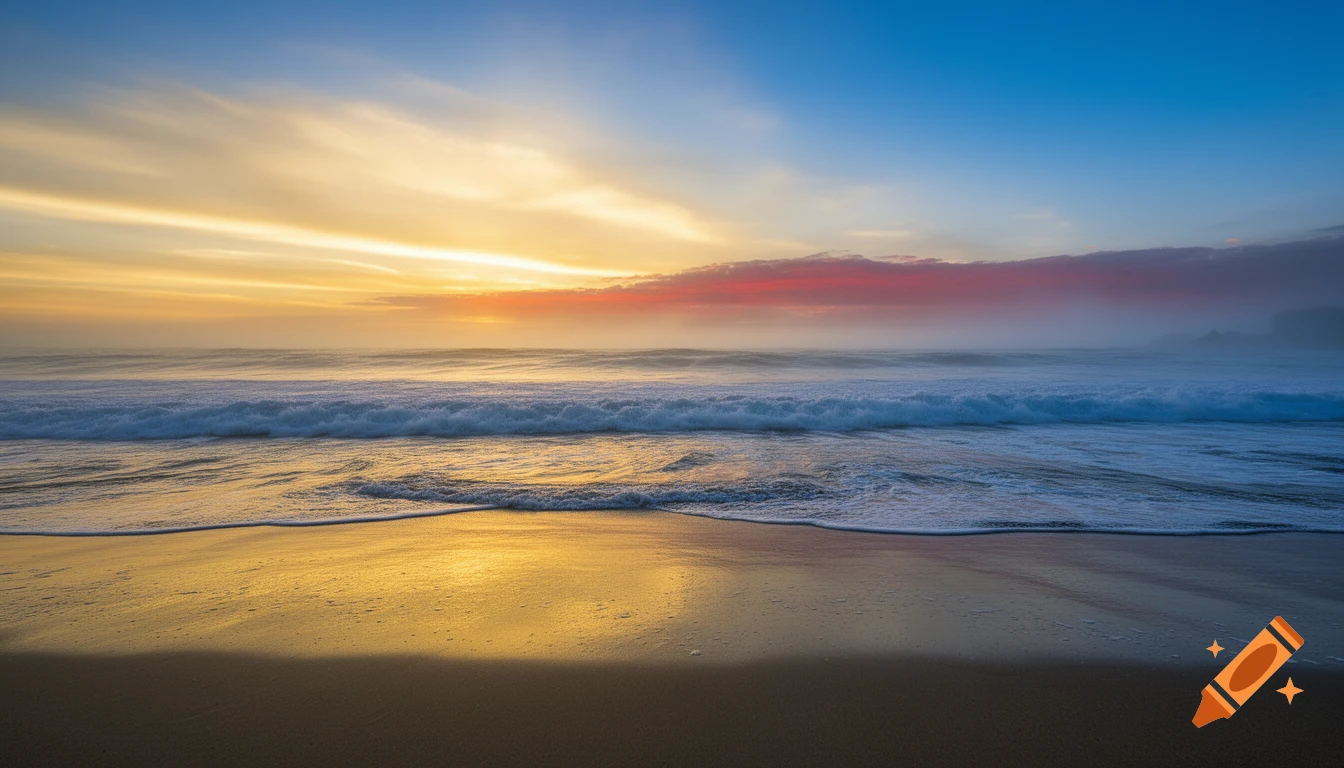 Photorealistic scene of a Southern California beach at dawn with golden sand, crashing white-capped waves, and a sky blending gold, red, and blue.
