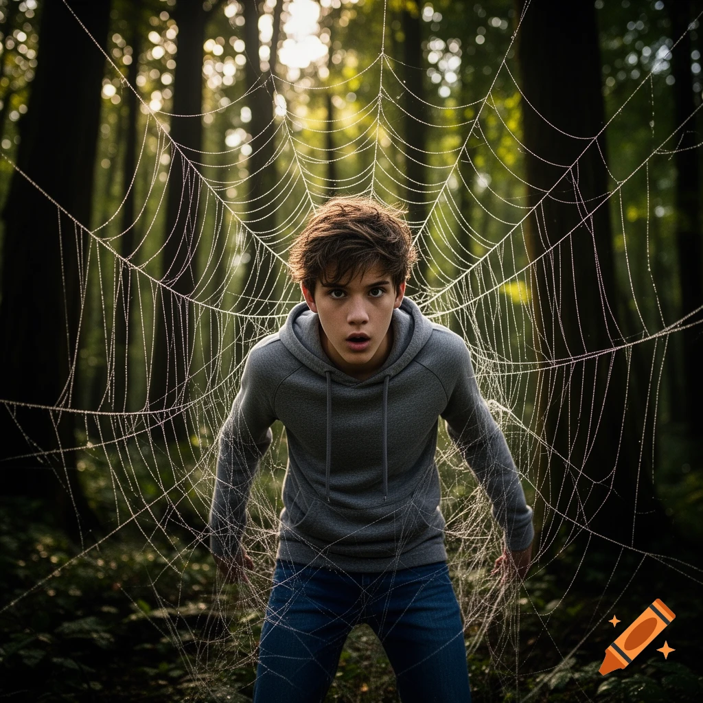 A teenage boy with a surprised expression is tangled in a large, dew-covered spider web in a forest.