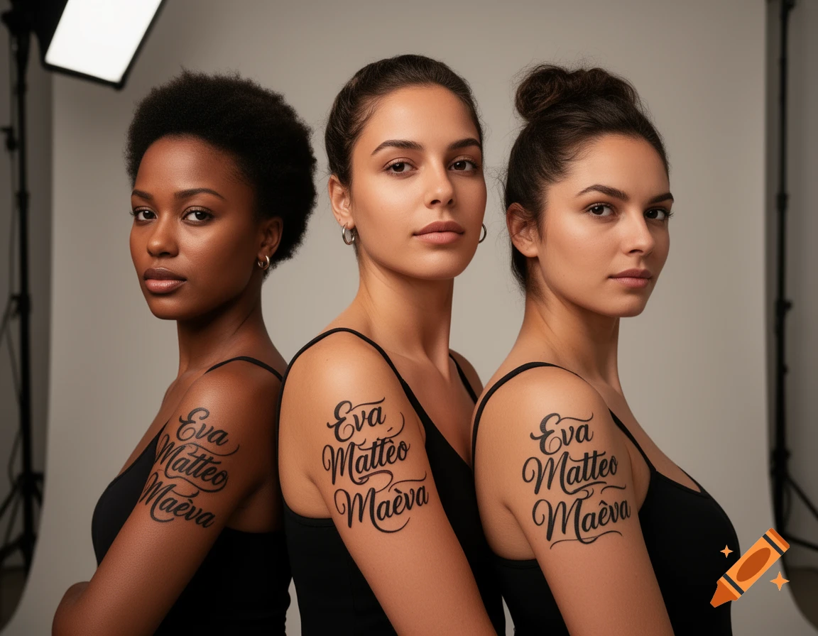 Three women with varied skin tones in black tank tops, each with 'Eva Matteo Ma t va' tattooed on their arm, posing in a photo studio.