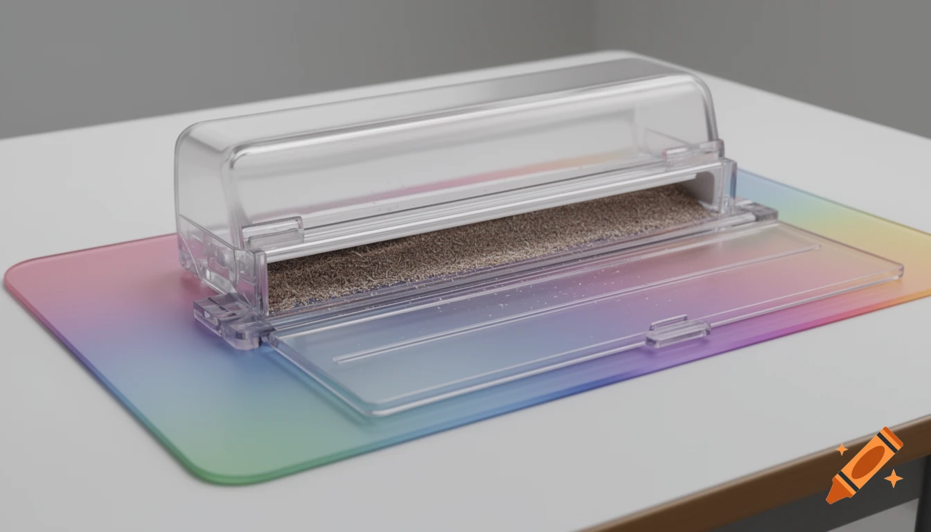 A clear plastic eraser shaving collector containing debris attached to a rainbow-gradient desk mat on a white table.