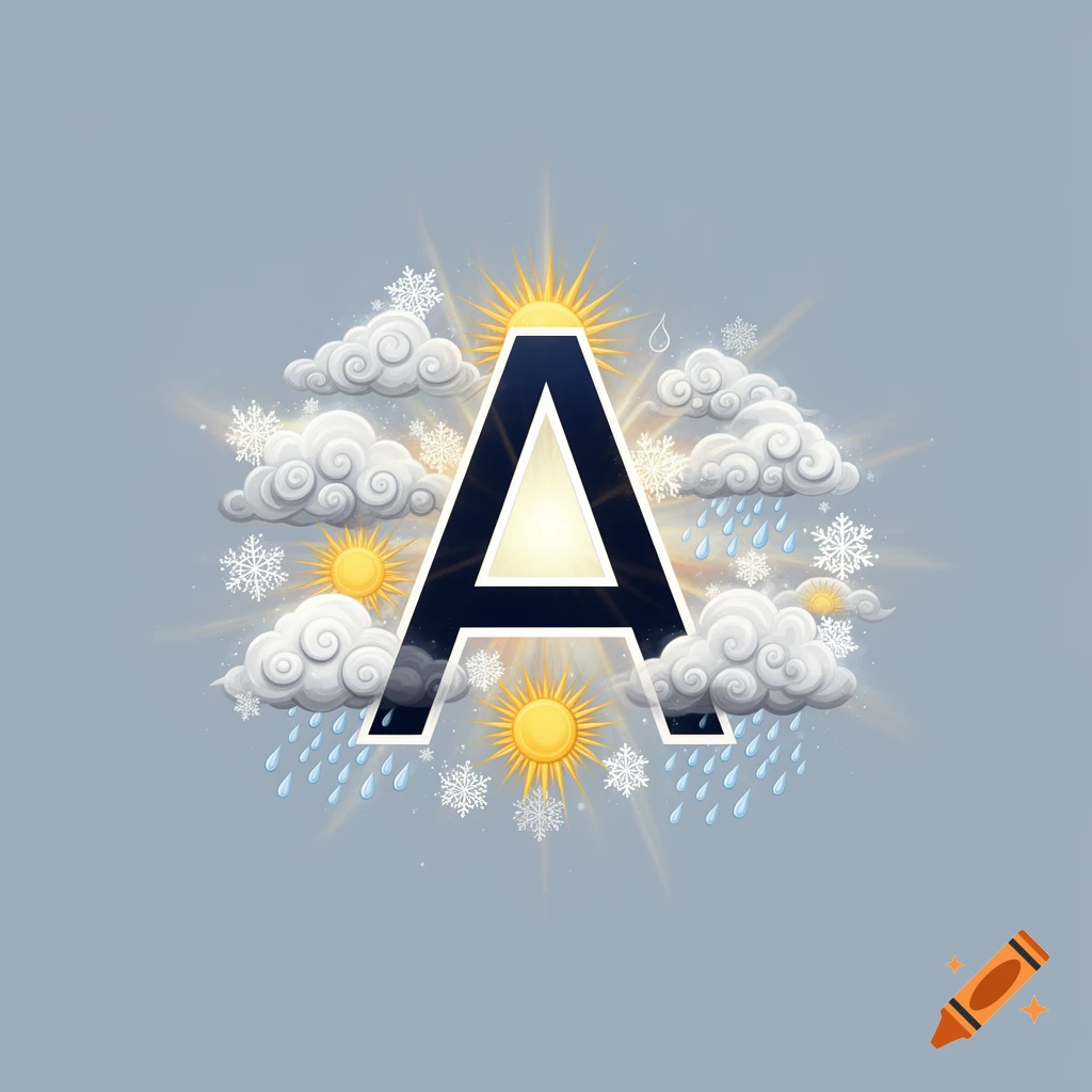 Illustration of a dark blue letter 'A' with a glowing center, encircled by suns, clouds, raindrops, and snowflakes.
