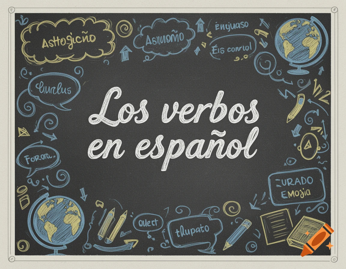 A chalkboard with the title "Los verbos en español" (Spanish verbs) in the center, surrounded by various school-themed doodles like globes, pencils, and speech bubbles, all in a chalk drawing style.