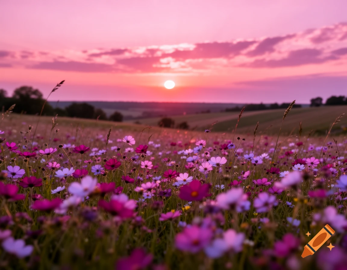 A vibrant pink and orange sunset over a field of pink and purple cosmos flowers.