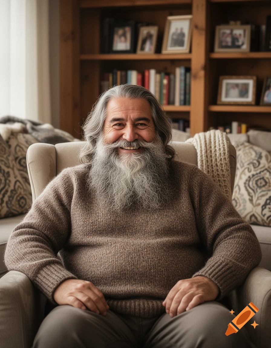 A smiling elderly man with long grey hair and a full beard sits in an armchair in a cozy living room.