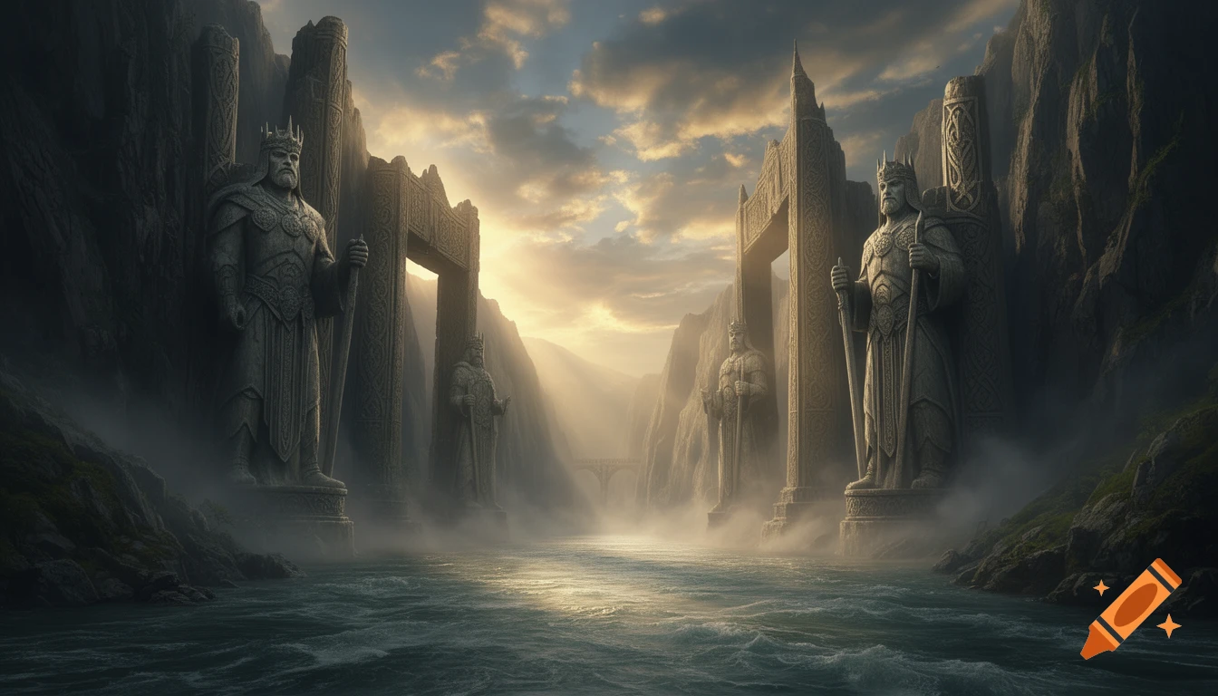 Two colossal stone statues of kings guard a wide river flowing through a mist-shrouded canyon under a dramatic, cloudy sky, fantasy art style.