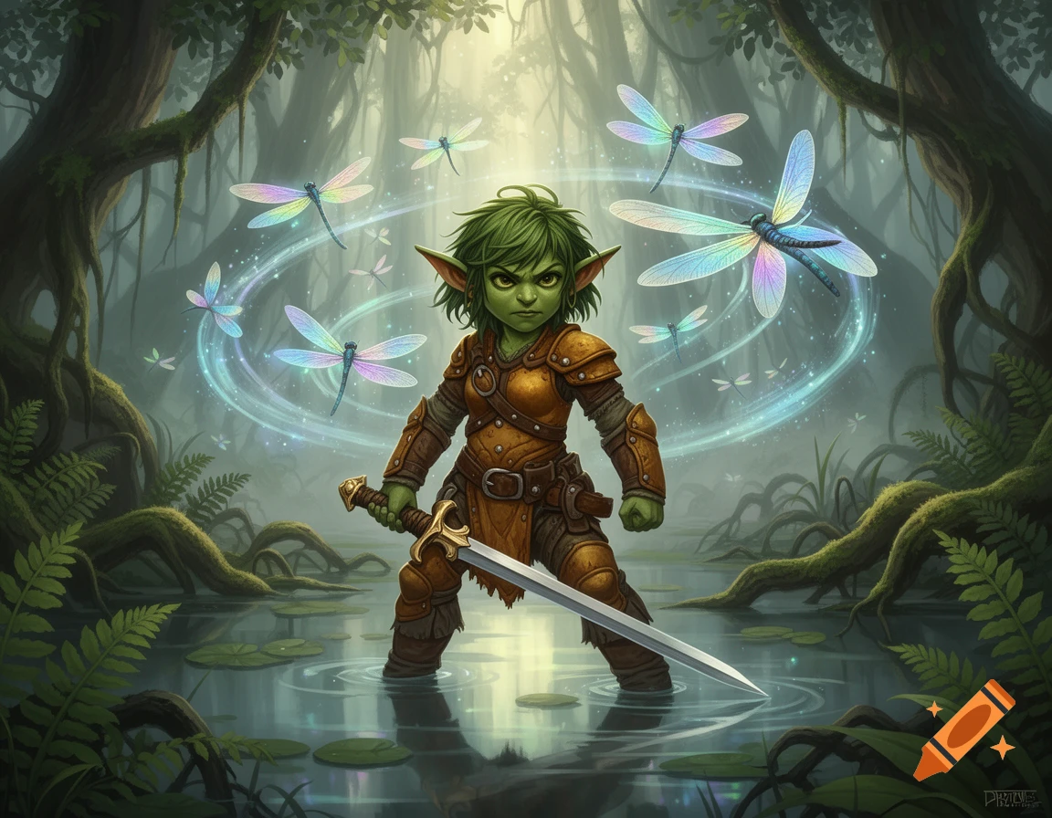 A tough green-skinned female goblin swamp ranger in worn leather armor stands in shallow water, holding a rapier, surrounded by glowing dragonflies.