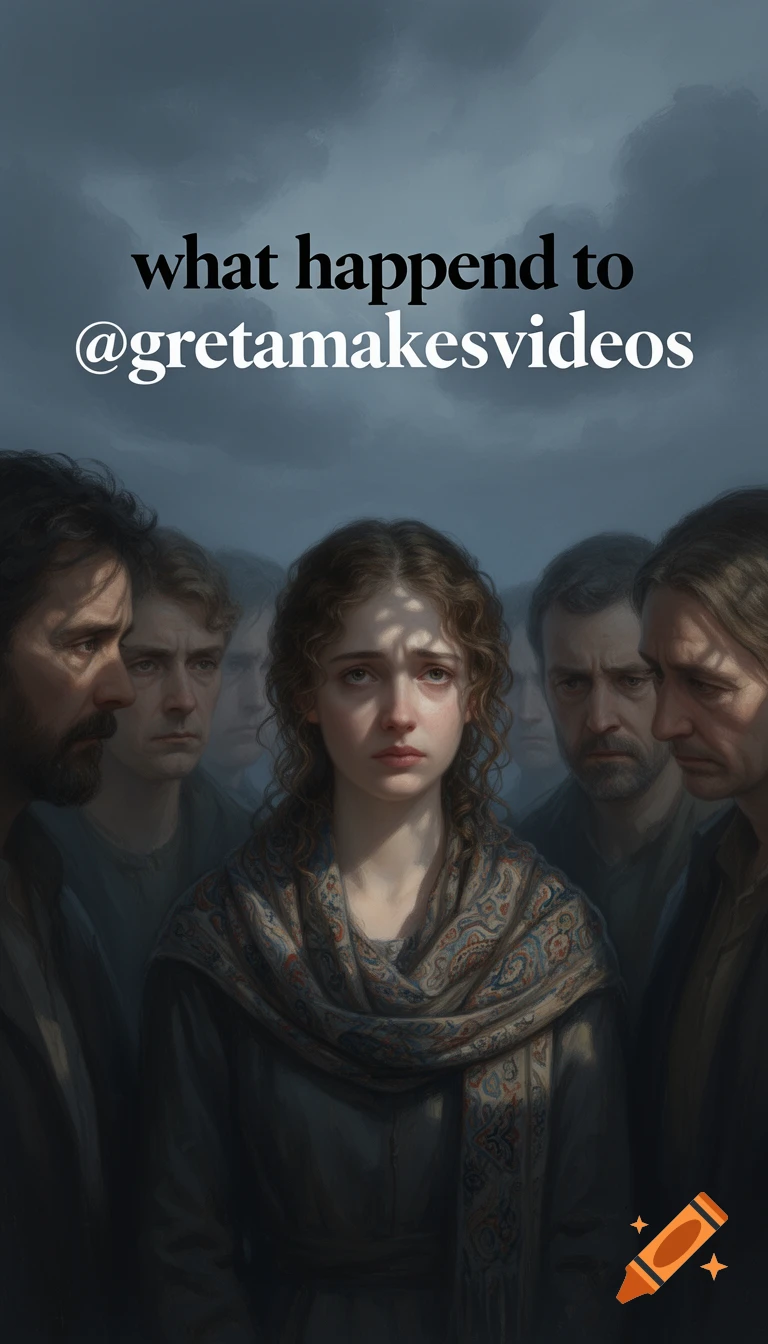 Digital painting of a sad woman surrounded by worried men under a dark sky, with text 'what happend to @gretamakesvideos'.