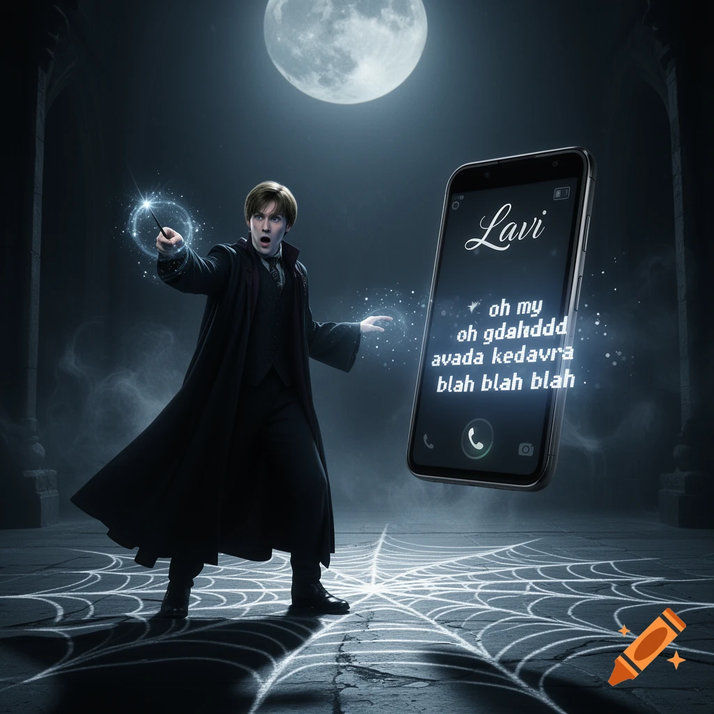 A wizard-like character in dark robes dramatically casts a spell, looking surprised at a floating smartphone displaying a call from "Lavi" under a full moon.