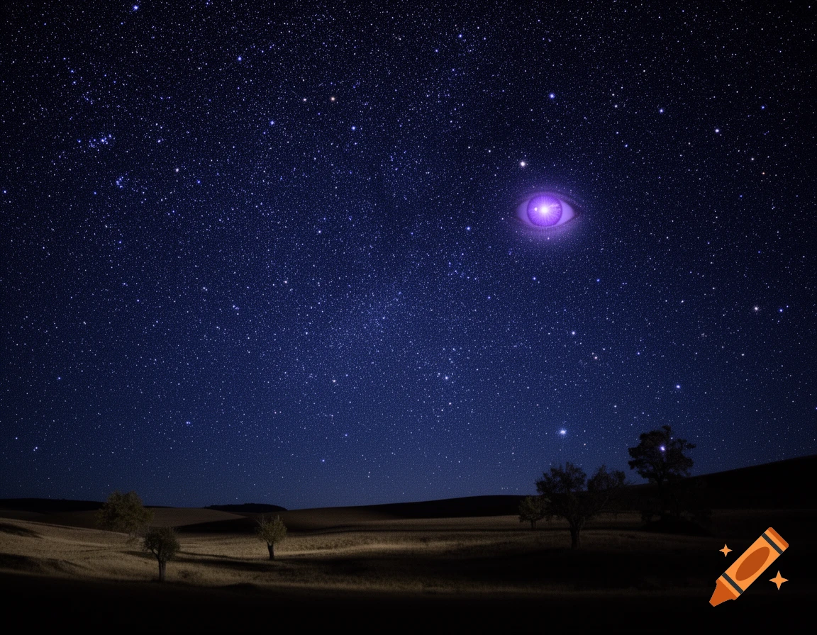 Photorealistic night sky over a dark landscape with silhouetted trees, featuring a prominent, glowing purple eye among the stars.