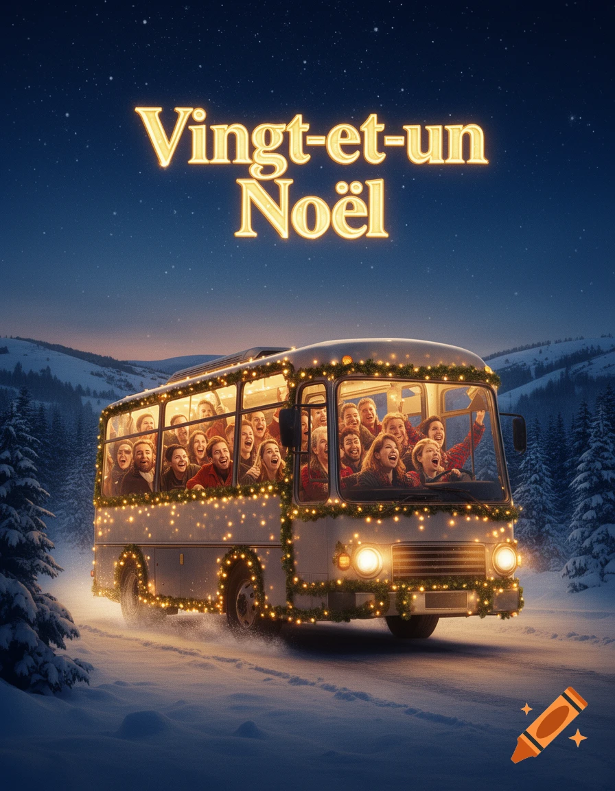 A festive bus with happy passengers and Christmas lights drives through a snowy winter night, with 'Vingt-et-un Noël' text above.