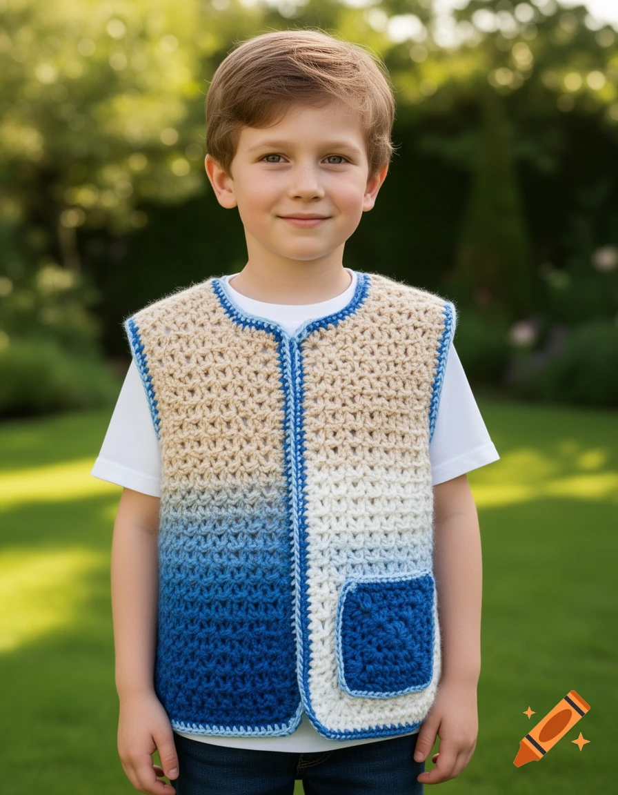 A smiling young boy with light brown hair stands outdoors, wearing a crochet vest that transitions from dark blue at the bottom to beige and white at the top, with a blue pocket on the right.