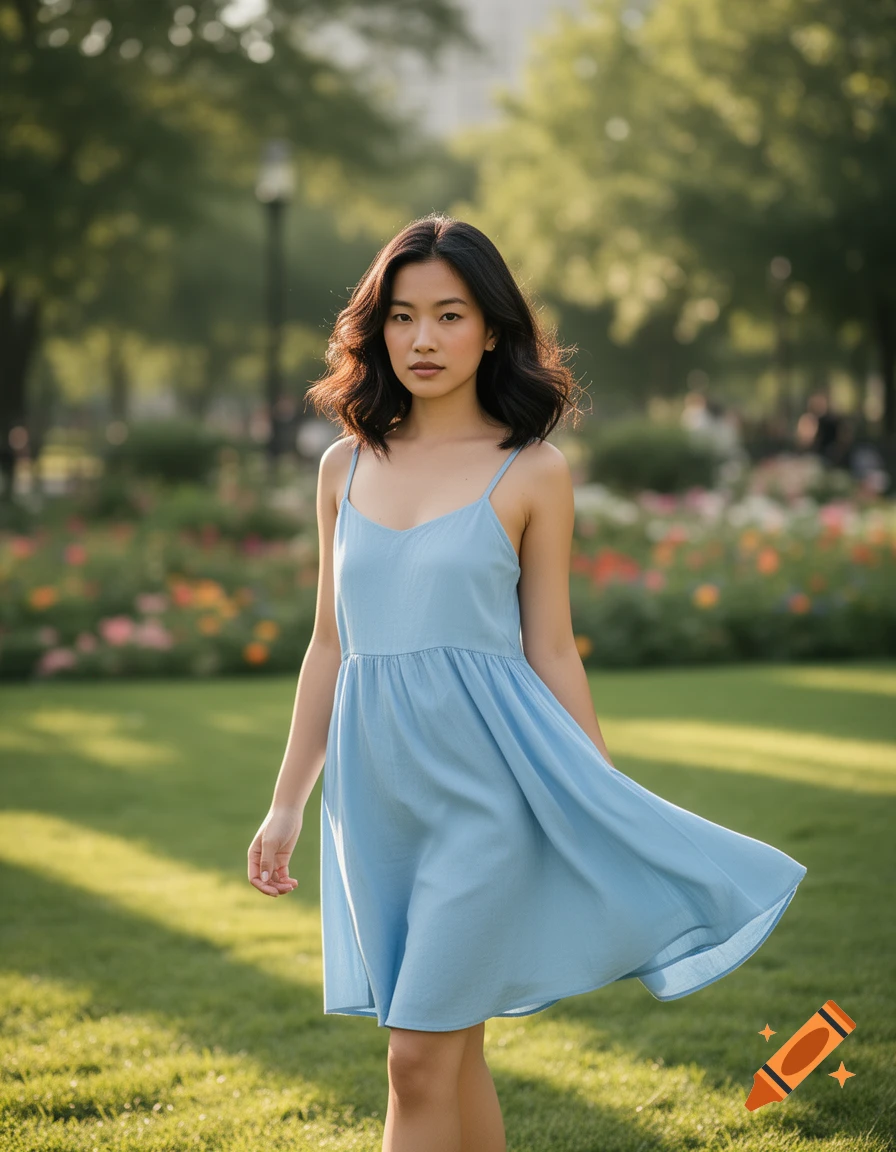 A young Asian woman in a light blue dress stands in a sunny park with green grass and colorful flowers, looking at the camera.