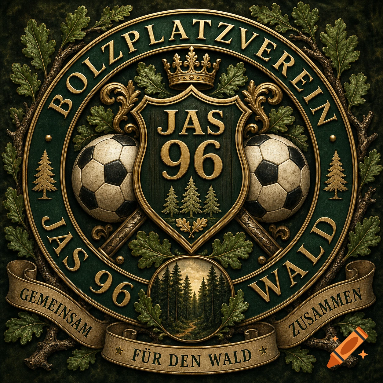 Ornate green and gold club crest with text 'Bolzplatzverein JAS 96 Wald', two soccer balls, oak leaves, trees, and a crown.