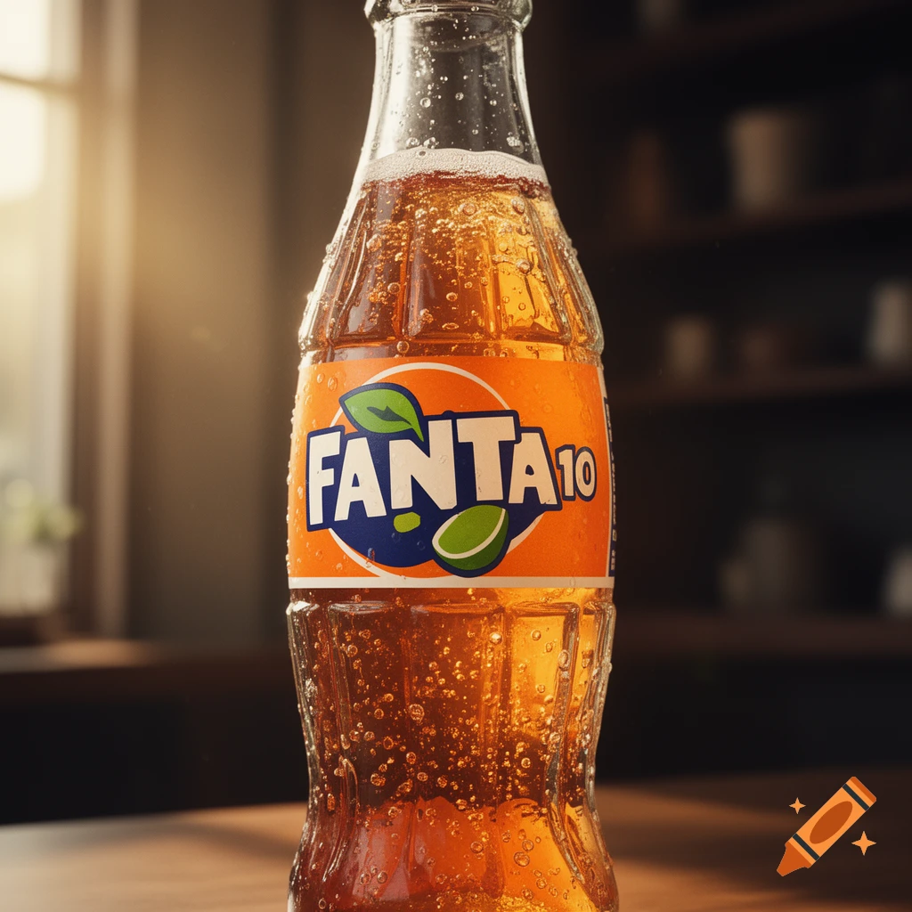Photorealistic close-up of a Fanta 10 soda bottle with condensation and bubbles, on a wooden table, backlit by a window.