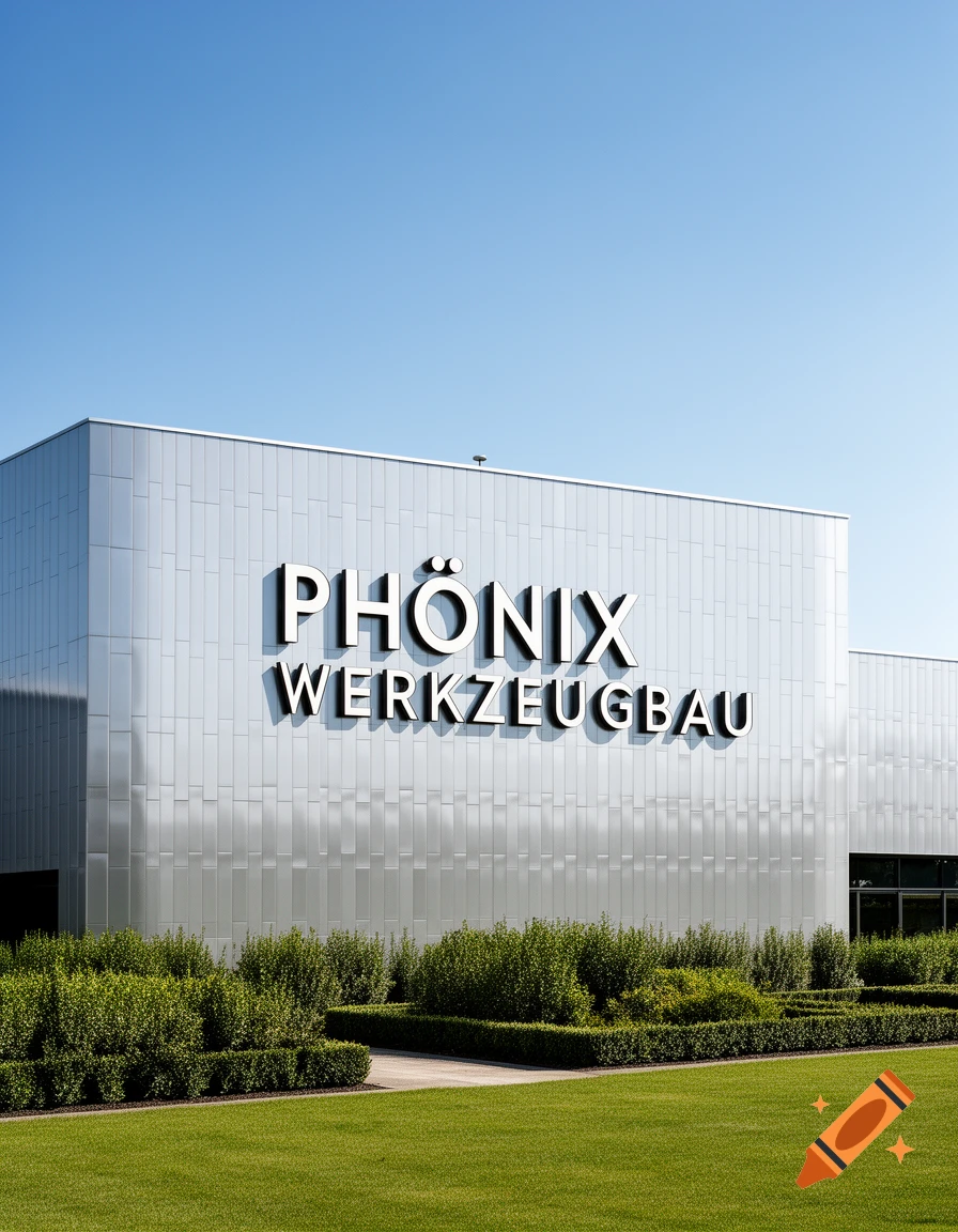 Modern PHÖNIX WERKZEUGBAU building with shiny facade, surrounded by lush green grass and hedges under a clear blue sky.