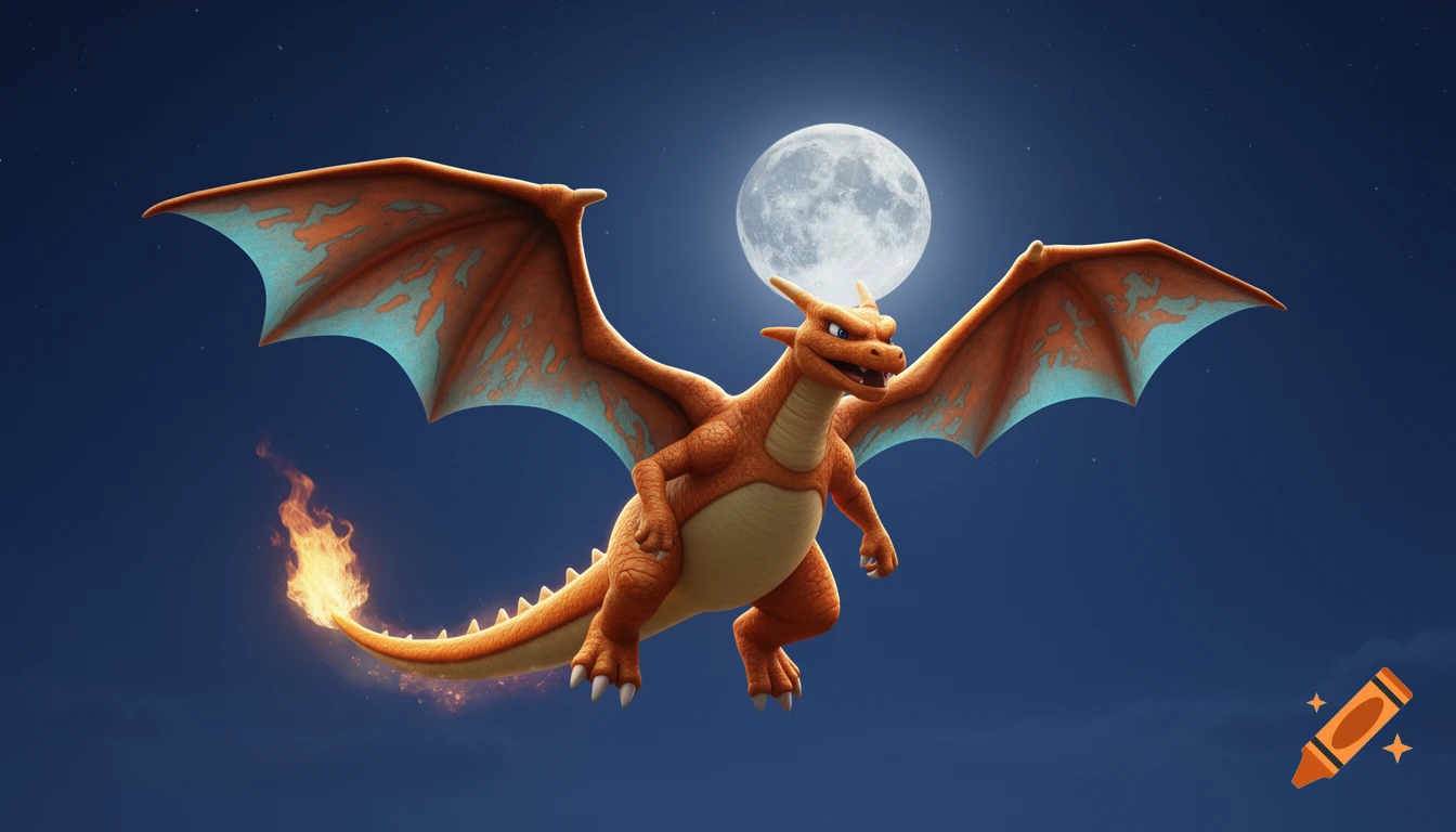 A stylized orange Charizard flies against a dark blue night sky with a large, bright full moon behind it and stars scattered around.