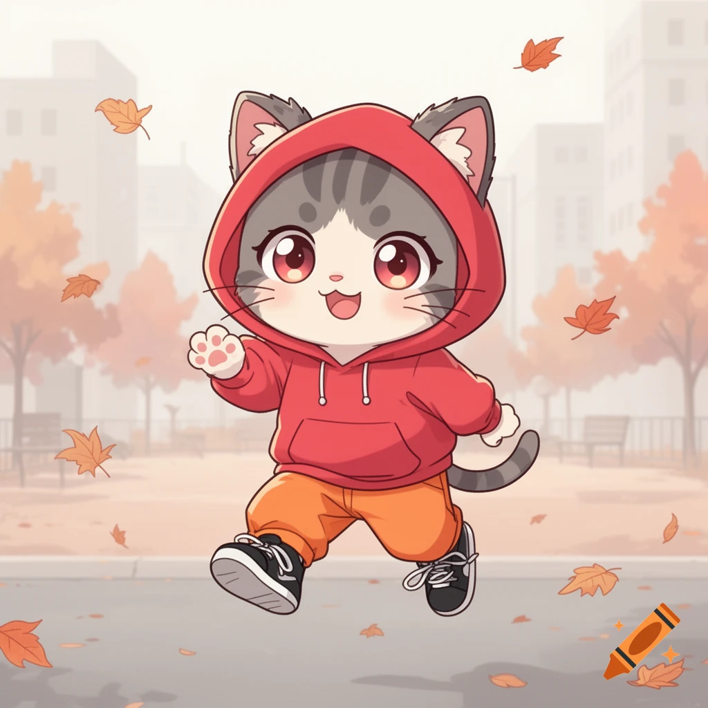 A kawaii cartoon cat in a red hoodie, orange pants, and black sneakers runs through an autumn park with falling leaves.