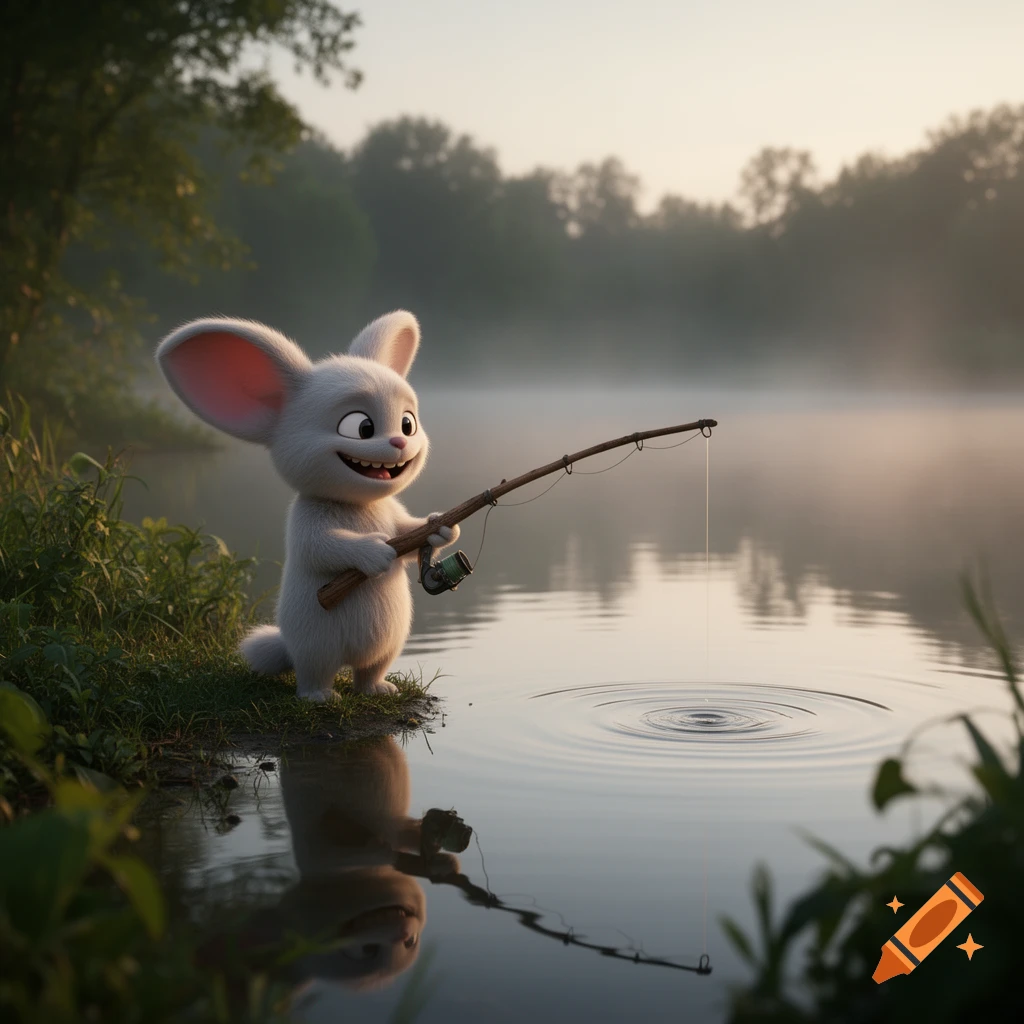 A smiling, fluffy white cartoon mouse stands by a misty lake, holding a fishing rod with ripples in the water.