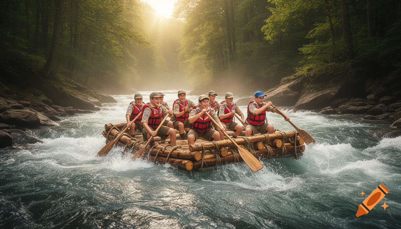 Boy Scouts on a homemade log raft paddle through rapids on a wild river in a sunlit mountain forest. Photorealistic.