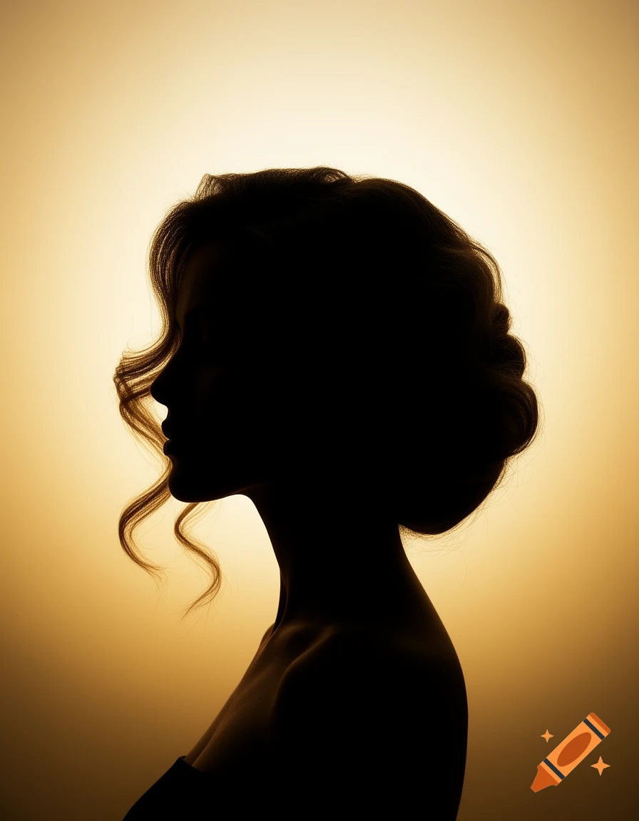 Silhouette of a woman's head and shoulders with elegant hair against a warm, glowing golden background.