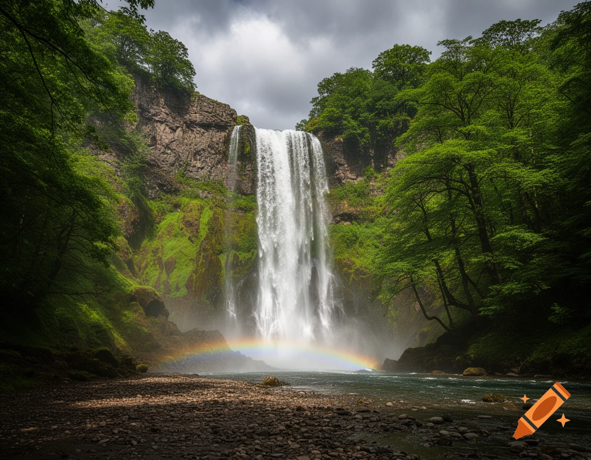 A majestic waterfall cascades into a rocky riverbed, surrounded by lush green trees, with a vibrant rainbow at its base.