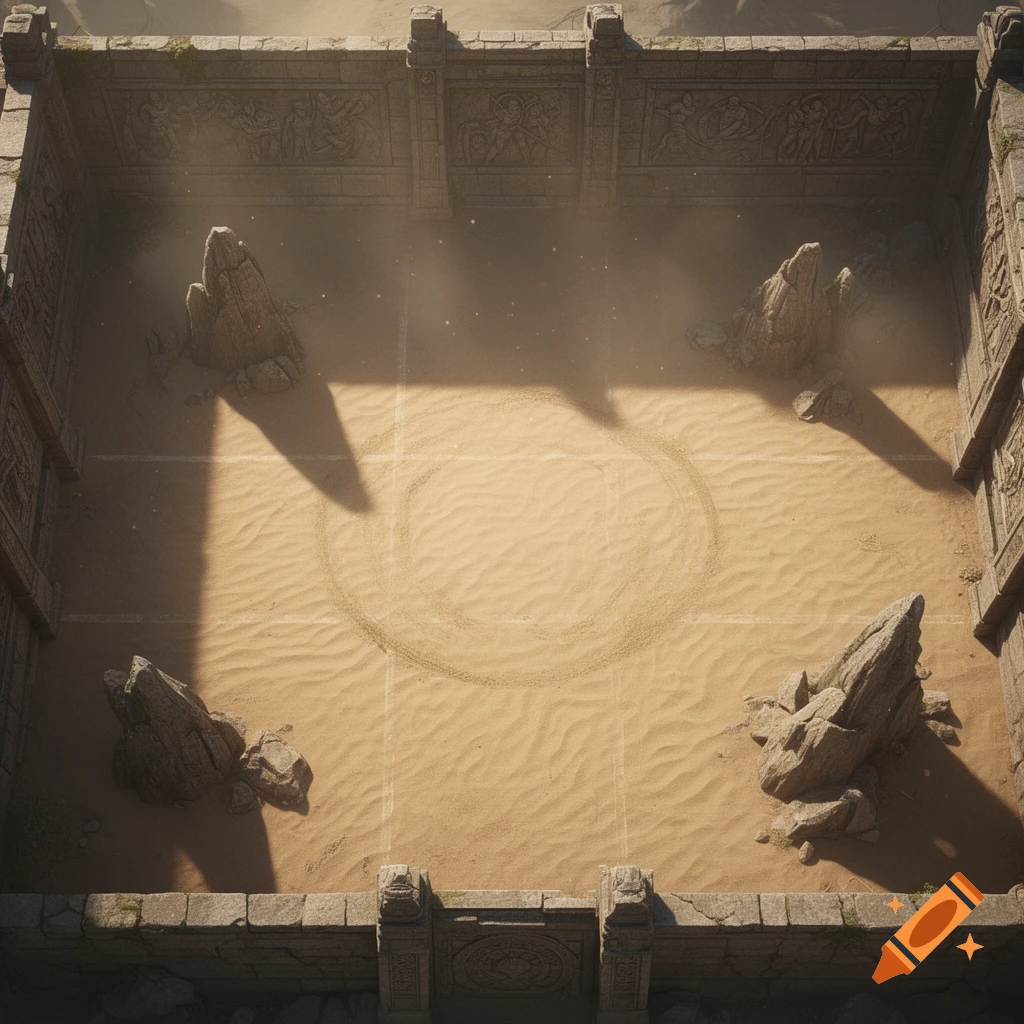 Top-down view of a rectangular sandy fighting arena with stone walls featuring carved ancient reliefs and four large rocks.
