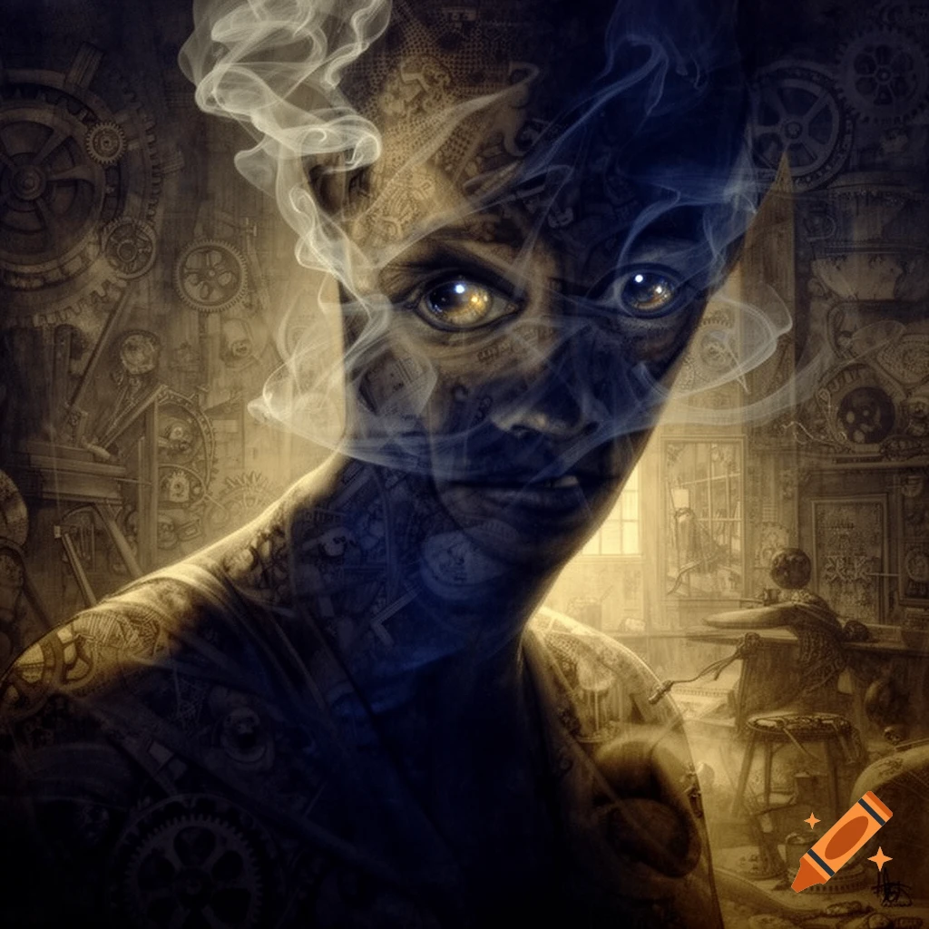 A dark, surreal portrait of a person with glowing golden eyes, their face and body covered in intricate patterns of gears and cryptic symbols, with smoke wafting around them in a steampunk-themed room.