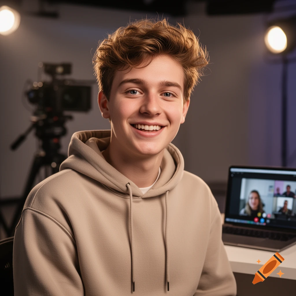 Photorealistic portrait of a smiling young man in a beige hoodie, in a media production setting with a camera and laptop.
