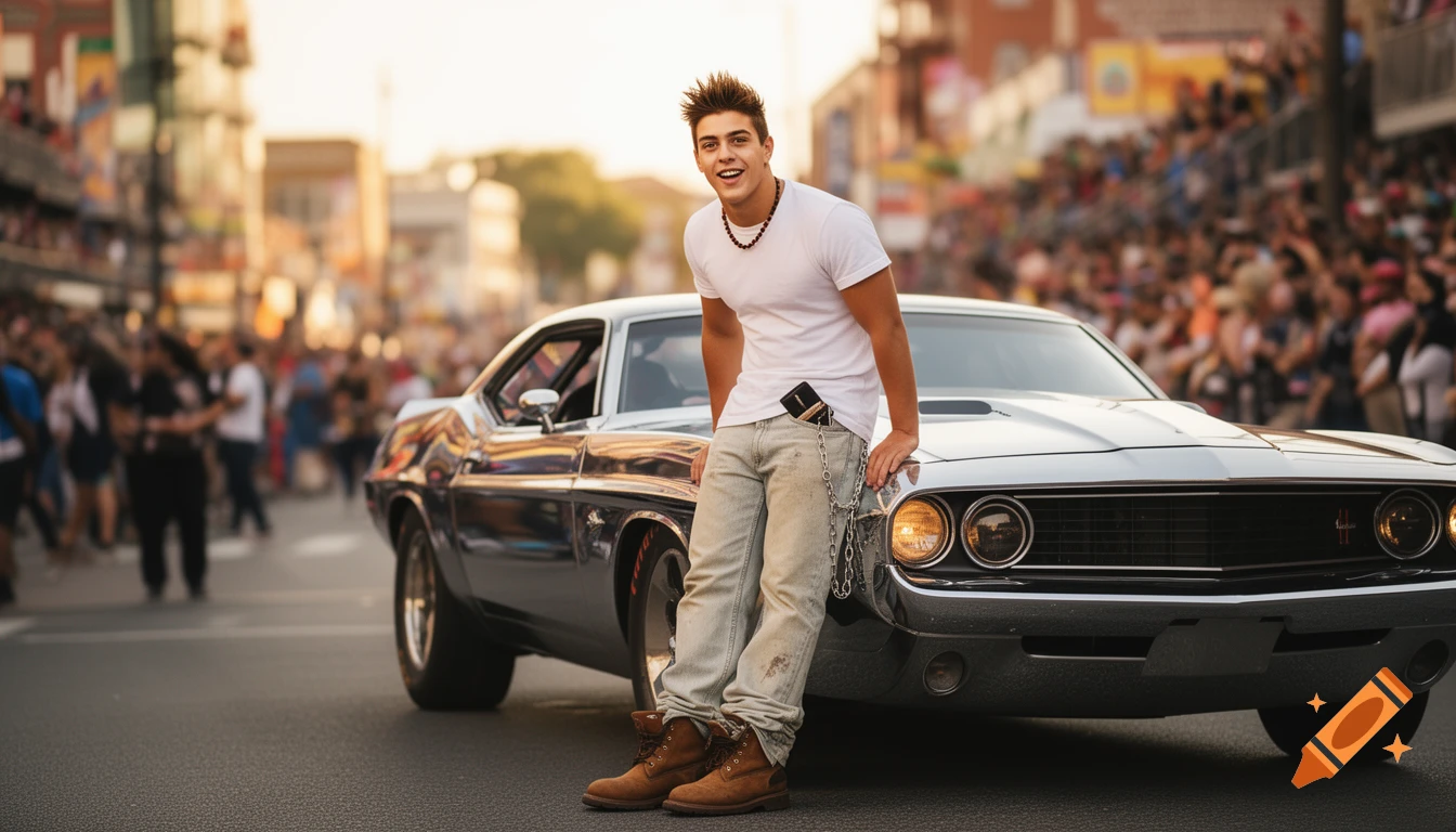 A young man with spiked hair and a white t-shirt leans against a classic silver muscle car on a crowded city street.