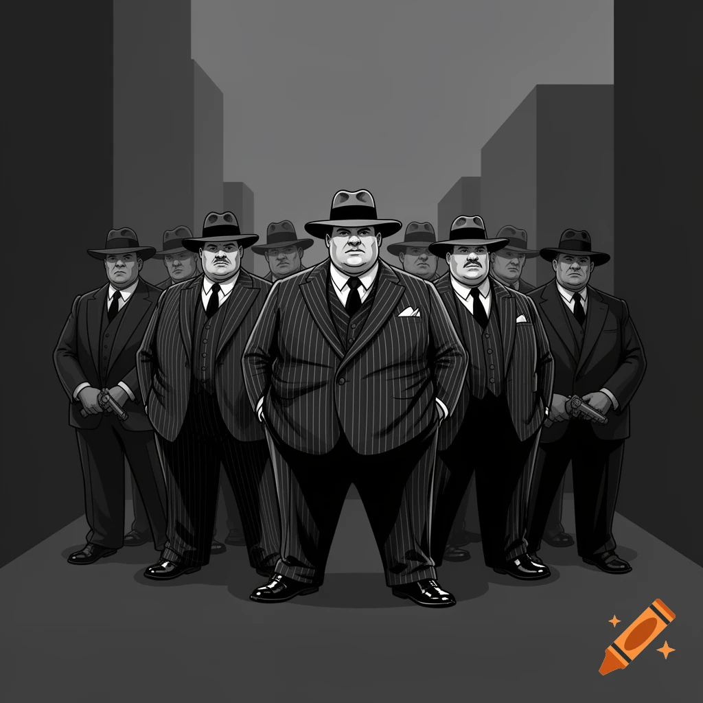 A group of burly men dressed as gangsters in pinstripe suits and fedoras, some holding guns, standing in a dark, stylized alley.