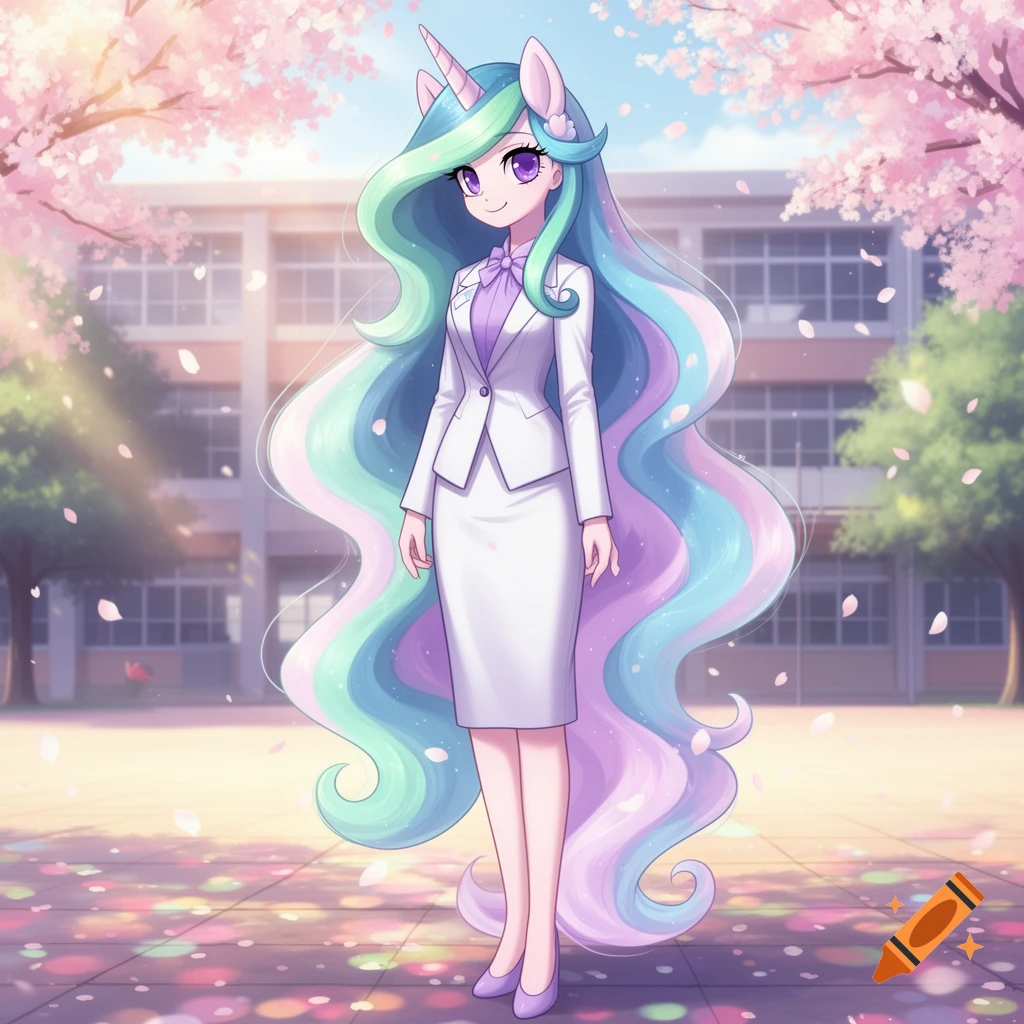 Anime unicorn girl with long multicolored hair, wearing a white suit, stands in a schoolyard with pink cherry blossoms.