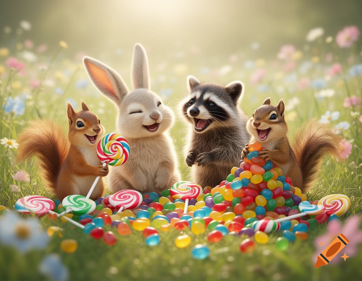 A cheerful rabbit, raccoon, and two squirrels smiling in a grassy field with colorful wildflowers and a large pile of candies and lollipops.